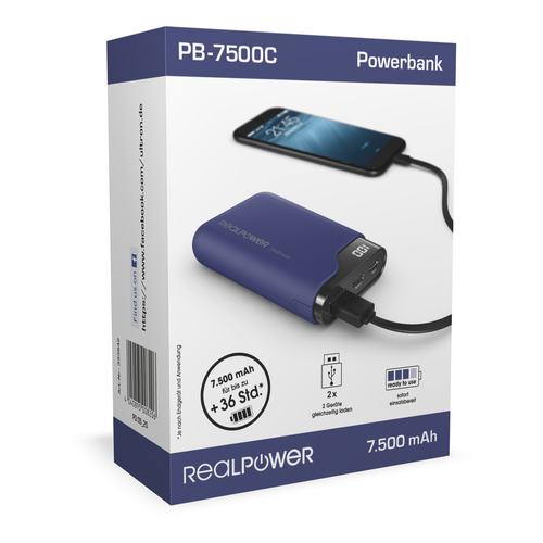 Powerbank RealPower PB-7500C midnight blue, USB C Powerbank, mobilā uzlādes iekārta