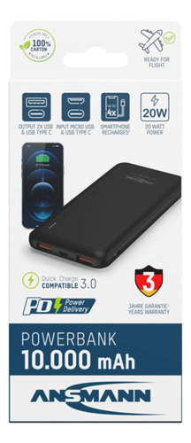 Ansmann Powerbank 10.000 mAh PB320PD USB-C in/out   1700-0148 Powerbank, mobilā uzlādes iekārta