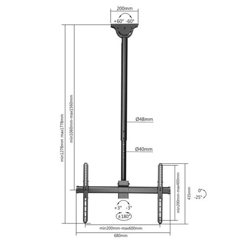 Manhattan TV & Monitor Mount, Ceiling, 1 screen, Screen Sizes: 37-75", Height: 106-156 cm, Black, VESA 200x200 to 600x400mm, Max 50 TV stiprinājums