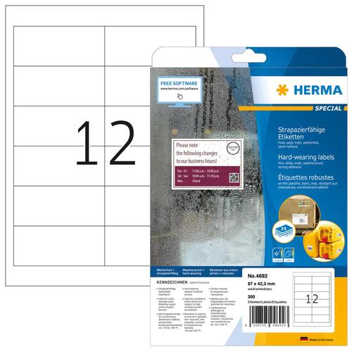 HERMA Labels hard-wearing A4 97x42.3 mm white strong adhesion film matt weatherproof 300 pcs. 4008705046923 4692 (4008705046923) printeris