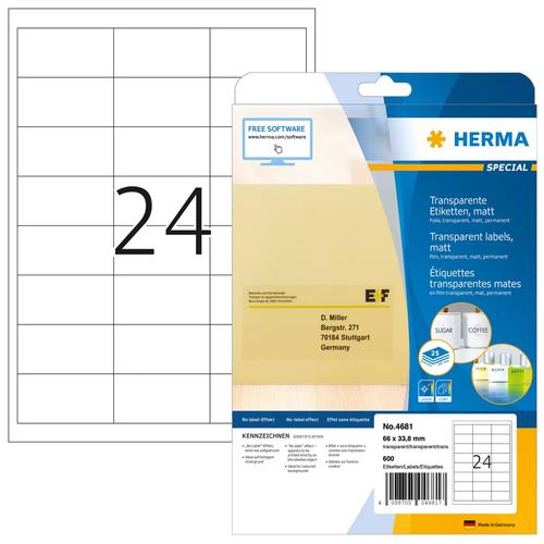 HERMA Labels transparent matt A4 66x33.8 mm film 600 pcs. 4008705046817 4681 (4008705046817) printeris
