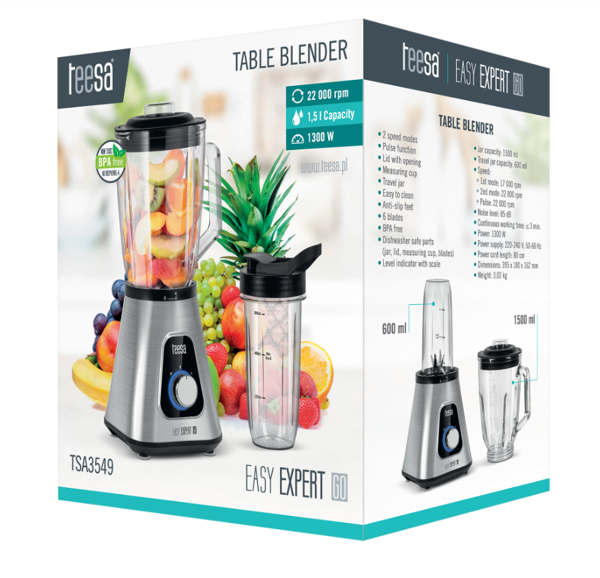 EASY EXPERT GO 1300W cup blender, 1.5L glass cup + 600ml travel mug Mikseris