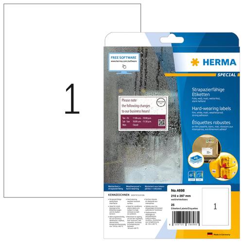 Herma Hardwearing Labels 210x297 25 Sheets DIN A4 25 pcs. 4698 uzlīmju printeris