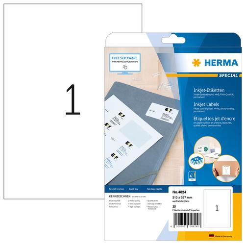 HERMA Inkjet labels A4 210x297 mm white paper matt 25 pcs. 4008705048248 4824 (4008705048248) printeris