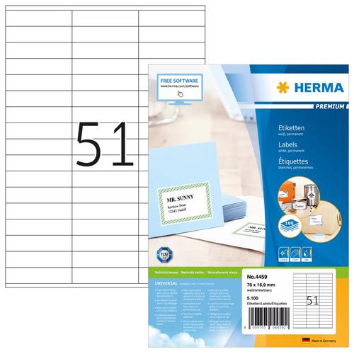 HERMA Labels Premium A4 70x16.9 mm white paper matt 5100 pcs. 4008705044592 4459 (4008705044592) printeris