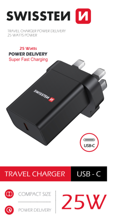 Swissten Tīkla Lādētājs PD USB-C priekš UK kontaktligzdas 25W 22045300 (8595217480391) iekārtas lādētājs