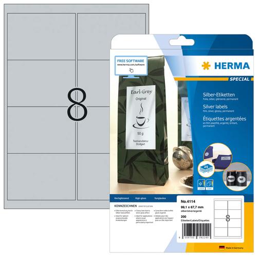 HERMA Labels A4 99.1x67.7 mm silver film glossy 200 pcs. 4008705041140 4114 (4008705041140) printeris
