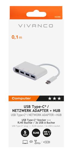 Vivanco adapteris USB-C - LAN + hub 3 portu (45388) 4008928453881 kabelis, vads