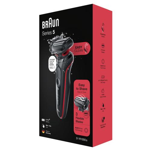 Braun Shaver 51-R1000s  Operating time (max) 50 min, Wet & Dry, Black/Red Vīriešu skuveklis