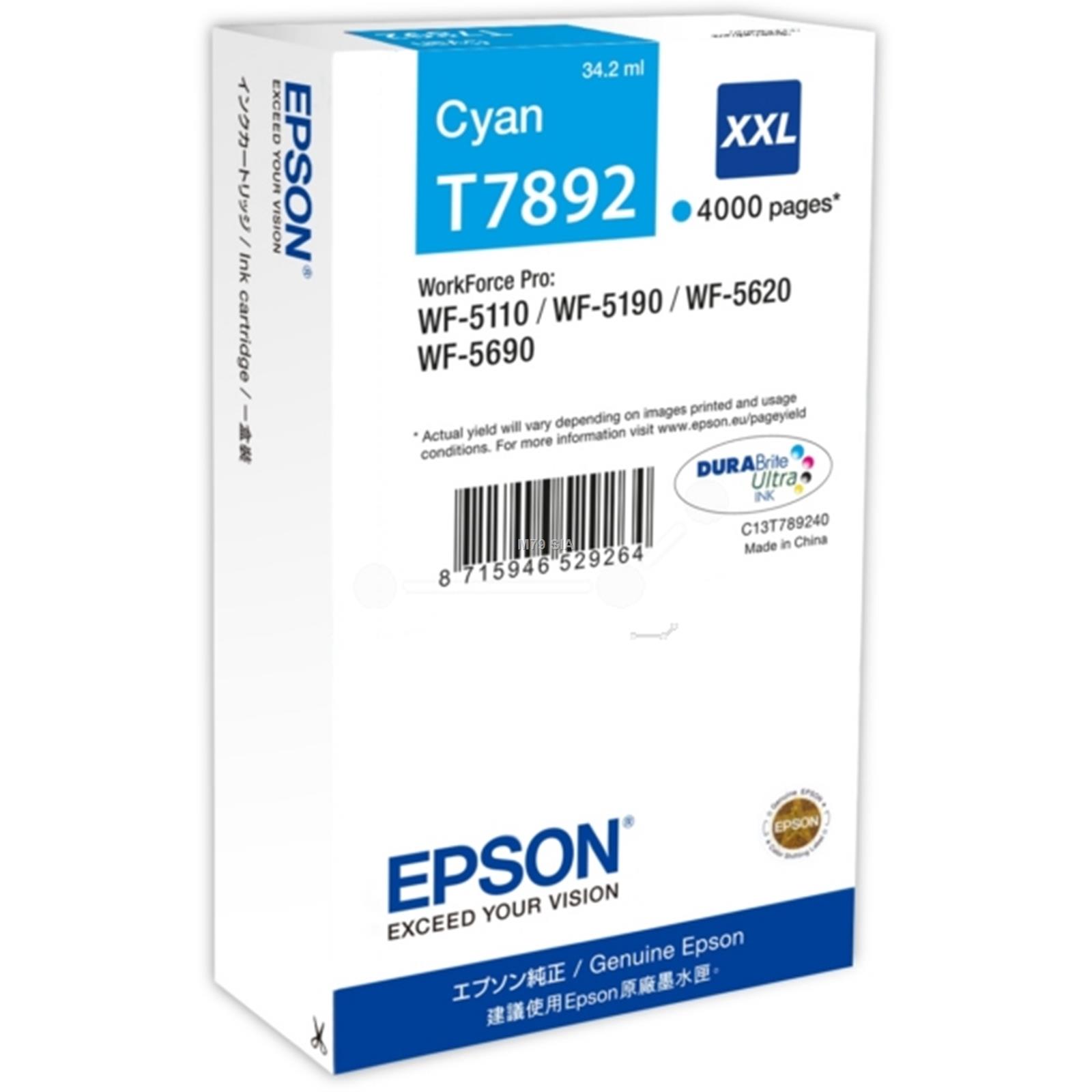 Ink Epson cyan T7892 | 34 ml | WF-5110DW/WF-5190DW/WF-5620DWF/WF-5690DWF kārtridžs