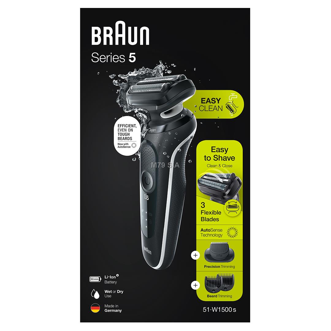 Braun Shaver 51-W1500s Operating time (max) 50 min, Wet & Dry, Black/White Vīriešu skuveklis