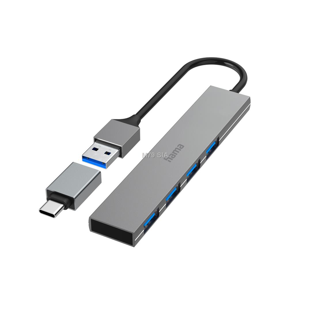 Hama USB-Hub, 4 Ports, USB 3.2 Gen1, 5 Gbit/s, Ultra Slim, inkl. USB-C-Adapter (00200141) 4047443497666 USB centrmezgli