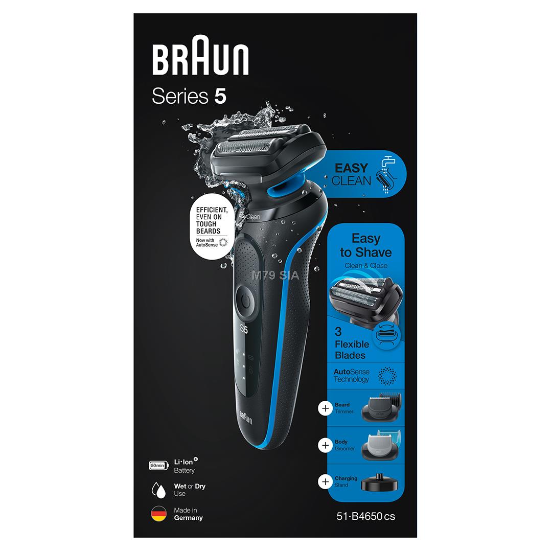 Braun Shaver 51-B4650cs	 Operating time (max) 50 min, Wet & Dry, Black/Blue Vīriešu skuveklis