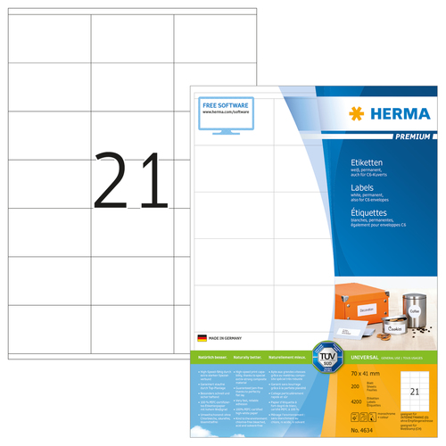 HERMA Etiketten Premium A4 white 70x41    mm Papier 4200 St. biroja tehnikas aksesuāri