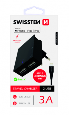 Swissten MFI Premium Apple Sertificēts Tīkla Lādētājs USB 3А / 15W Ar Lightning (MD818) vadu 120 cm Melns iekārtas lādētājs