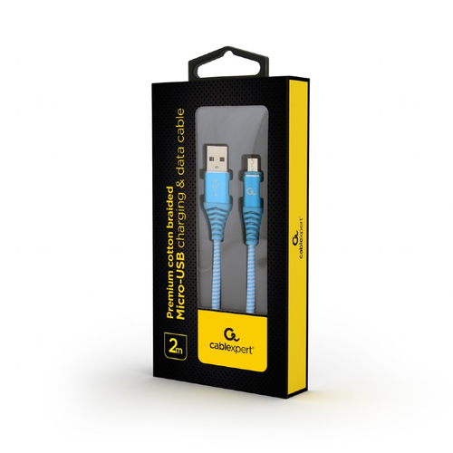 Gembird Premium cotton braided Micro-USB charging and data cable,2m,blue/white USB kabelis