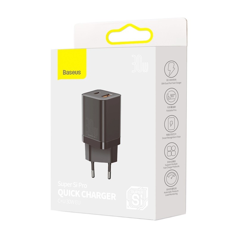 Baseus Super Si Pro Quick Charger USB + USB-C 30W (black) iekārtas lādētājs