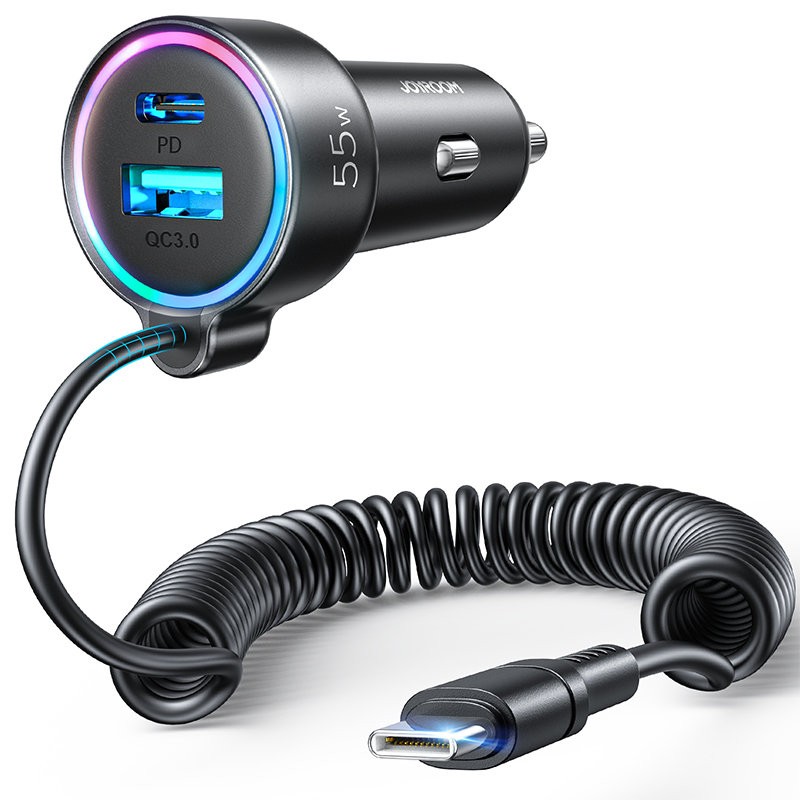 Joyroom fast car charger 3 in 1 with USB Type C cable 1.5m 55W black (JR-CL07) iekārtas lādētājs