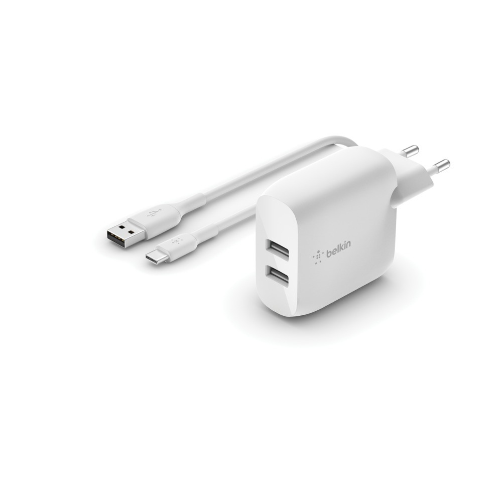 Ladetajs Belkin Boost Charge 24W 2xUSB-A + USB-A to USB-C cable 1.0m balts 7458837937786 (7458837937786) iekārtas lādētājs