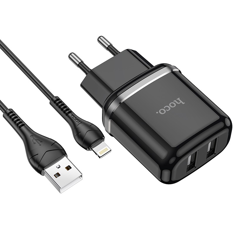 Ladetajs Hoco N4 12W 2xUSB-A + USB-A to Lightning cable 1.0m melns 6931474731012 (6931474731012) iekārtas lādētājs