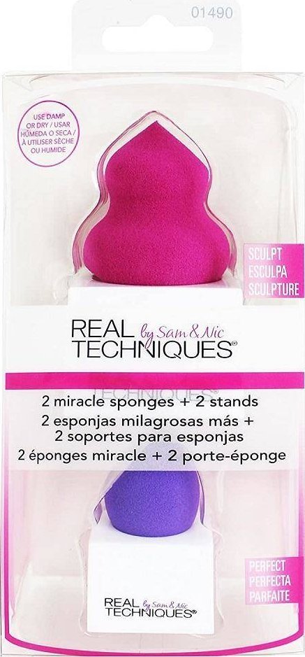 Real Techniques Real Techniques 2 Miracle Sponges + 2 Stands zestaw gabeczki do makijazu x2 + stojaki na gabeczki x2 079625014907 (079625014