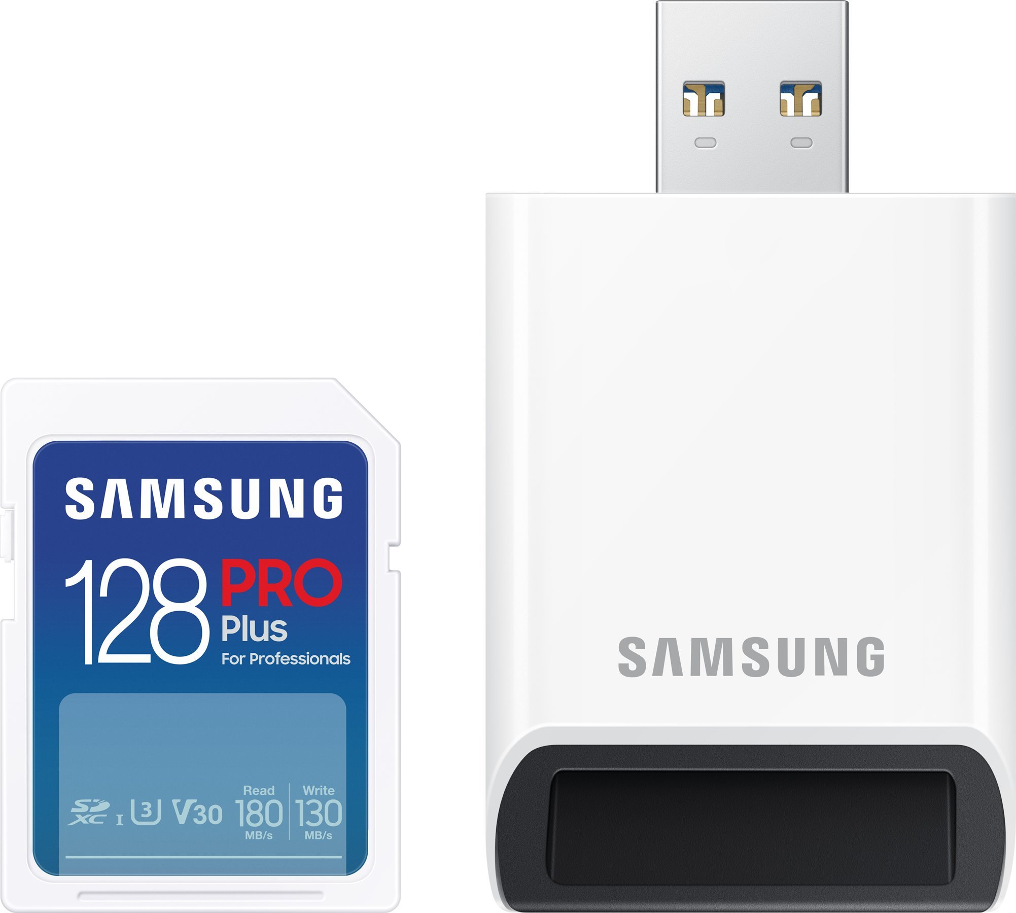 Samsung PRO Plus SDXC 128GB UHS-I U3 [Zapis 130MB/s Odczyt 180MB/s] z czytnikiem v2023 atmiņas karte