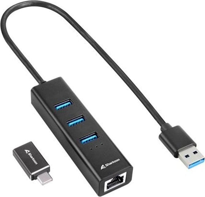 HUB USB Sharkoon Aluminium 1x RJ-45  + 3x USB-A 3.2 Gen1 (4044951037575) 4044951037575 (4044951037575) USB centrmezgli