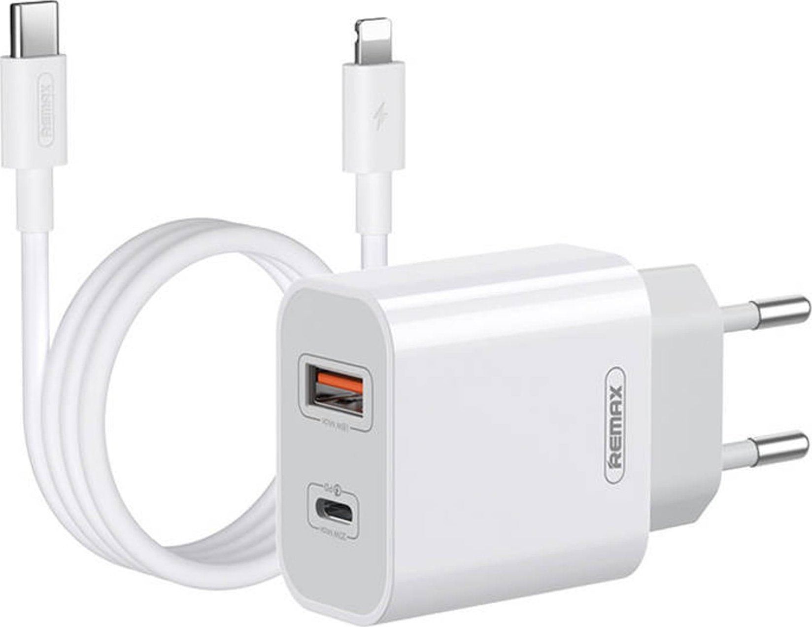 Wall charger Remax, RP-U68, USB-C, USB, 20W (white) + Lightning cable iekārtas lādētājs
