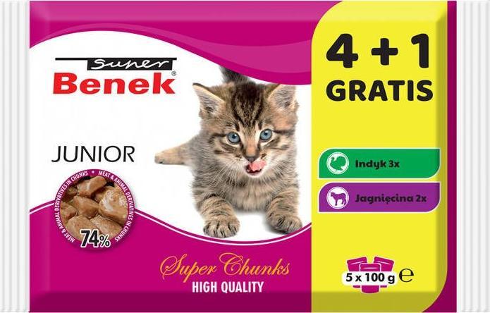 Super Benek Super Benek Junior MIX 4+1 GRATIS (5x100g) mokra karma dla doroslych kotow, mix smakow 10194459 (5905397020431) kaķu barība