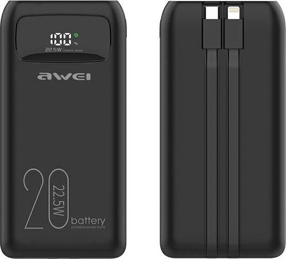 Powerbank Awei AWEI PowerBank P169K 20000mAh 22.5W czarny/black wyswietlacz + kable PD/Lightning AWEI136 (6954284002455) Powerbank, mobilā uzlādes iekārta