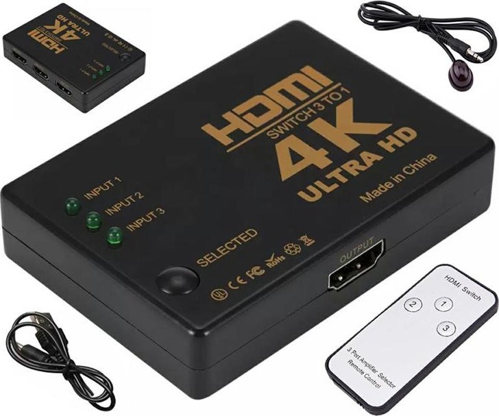 Aptel ROZDZIELACZ HDMI 3 porty typu A Switch Rozgaleznik +pilot czarny HD28D HD28D (5907621831622) dock stacijas HDD adapteri