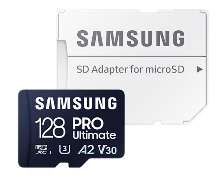 Samsung MicroSD Card PRO Ultimate 128 GB, microSDXC Memory Card, Flash memory class U3, V30, A2, SD adapter atmiņas karte