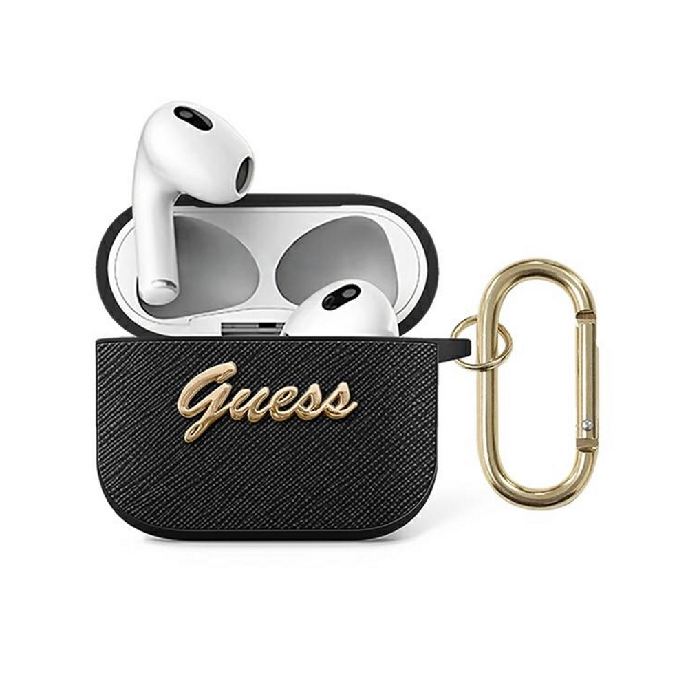 GUA3SASMK Guess Saffiano PC/PU Metal Logo silikona aizsargapvalks austiņām Apple Airpods 3 melns austiņas