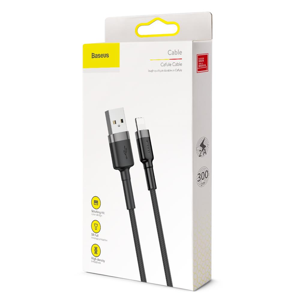 Baseus CALKLF-RG1 Cafule USB lightning kabelis 2A / 3m melns+pelēks USB kabelis