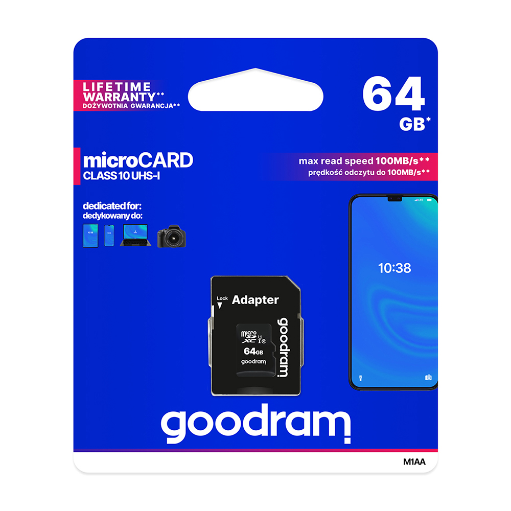 GOODRAM 64GB microSDHC class 10 UHS I + adapter atmiņas karte