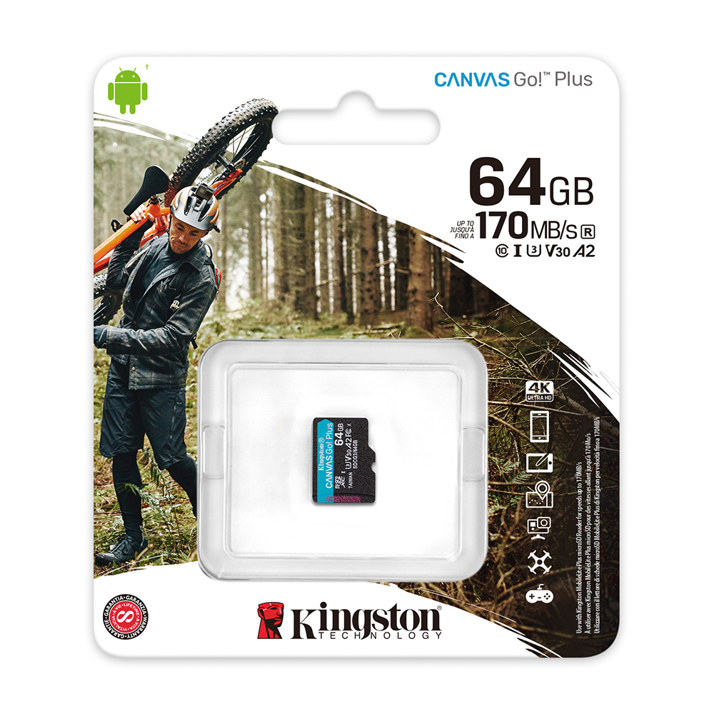 Kingston 64GB microSDXC Canvas Go Plus 170R A2 U3 V30 Single Pack w/o ADP atmiņas karte