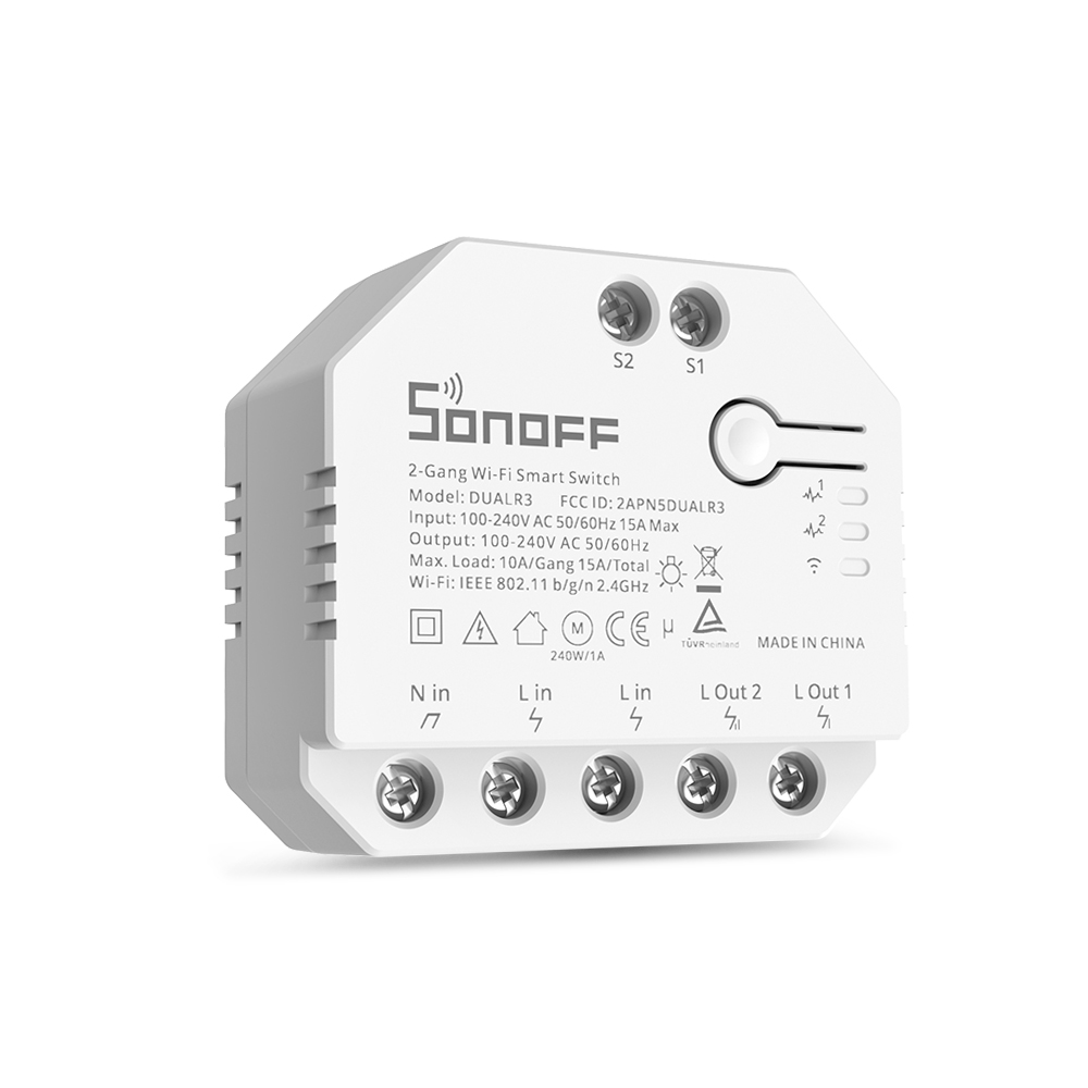 2 kanalu WiFi sledzis, DUAL R3, 230V 2x1650W, ar aptumsosanas un jaudas merisanas funkcijam, SONOFF SONOFF-DUALR3 (6920075775402) konstruktors