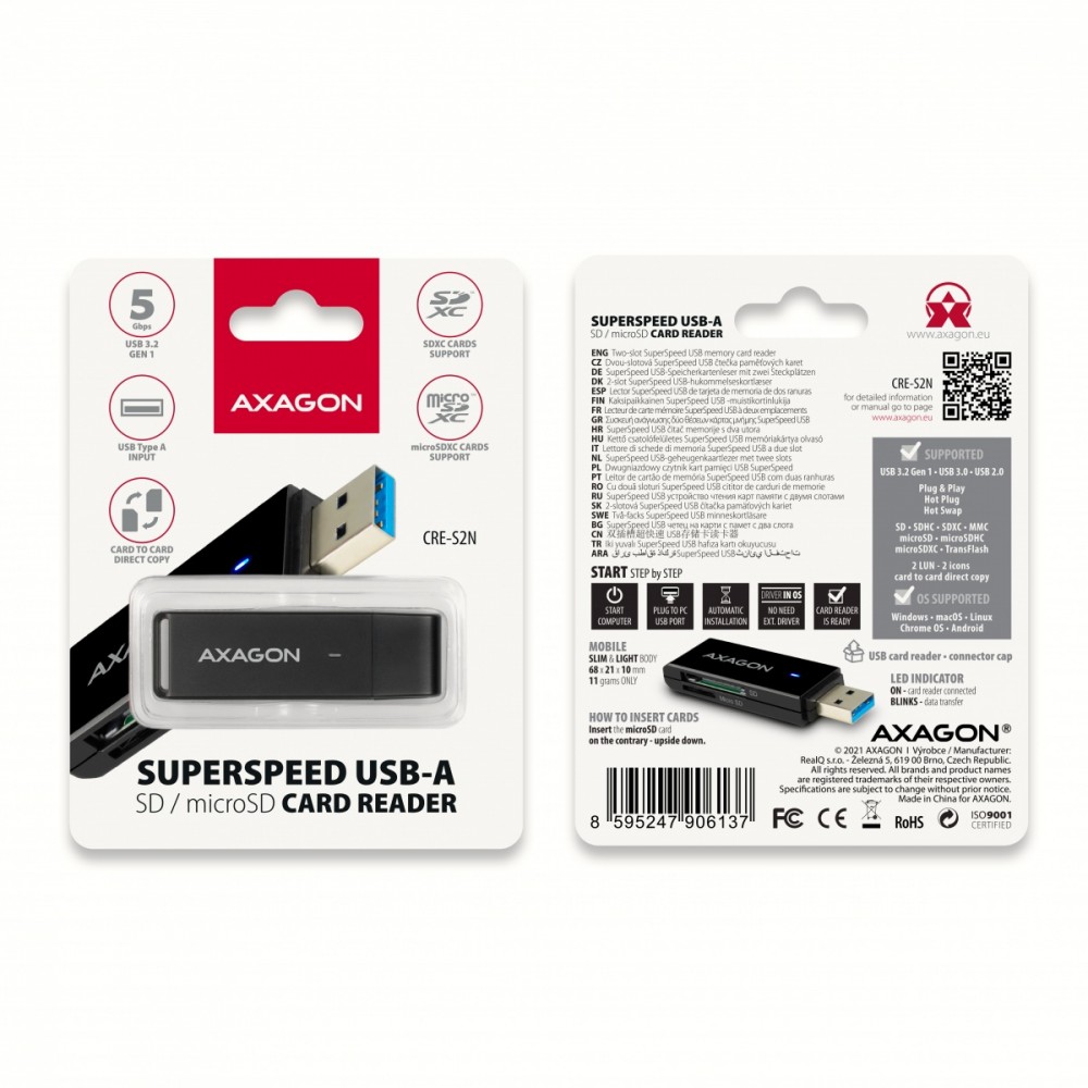 Axagon CRE-S2N card reader USB 3.2 Gen 1 (3.1 Gen 1) Type-A Black 8595247906137 atmiņas karte