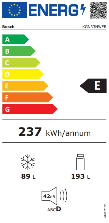 Bosch Serie 2 ledusskapis KGN33NWEB Energy efficiency class E, Brīvi stāvošs, Combi, Height 176 cm, No Frost system, Fridge net capacity 19 Ledusskapis