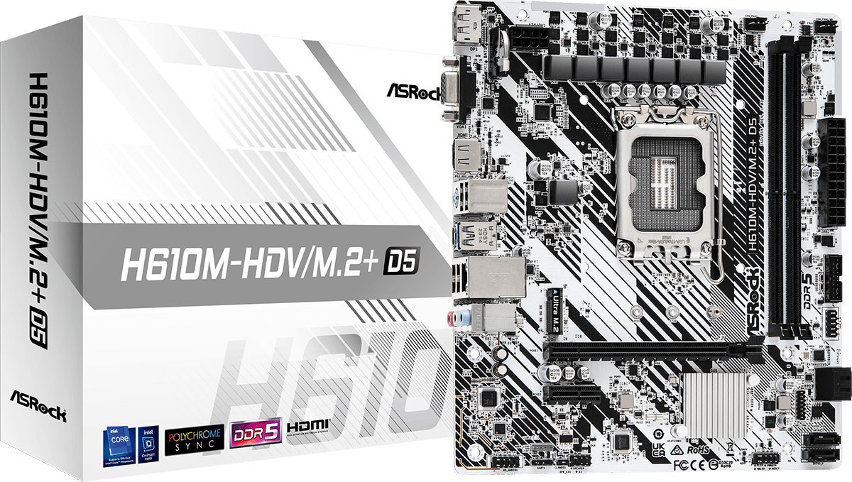 ASRock H610M-HDV/M.2+ D5        1700 mATX               DDR5 retail pamatplate, mātesplate