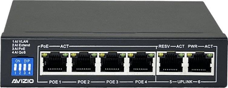 AVIZIO Switch 4x RJ45 PoE 1Gb/s + 2x RJ45 Uplink 1Gb/s komutators