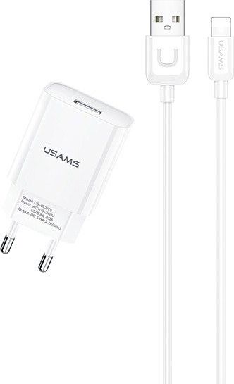 Usams T21 Komplekts 2in1 Adaptīvs Ātrs 2.1 USB tīkla lādētājs + USB uz Lightning 1m Kabelis Balta iekārtas lādētājs