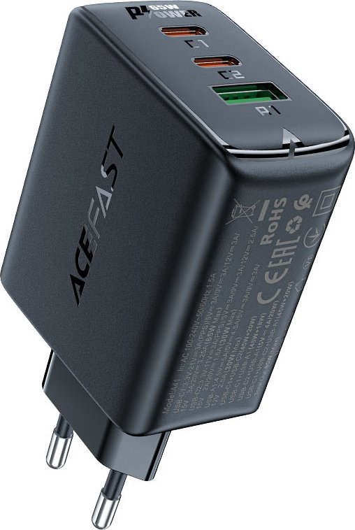 Ladowarka Acefast Ladowarka sieciowa Acefast A41, 2x USB-C + USB, GaN 65W (czarna) iekārtas lādētājs
