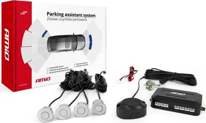 AMiO Zestaw czujnikow parkowania cofania Buzzer 4 sensory srebrne AMI-01021 (5903293010211)
