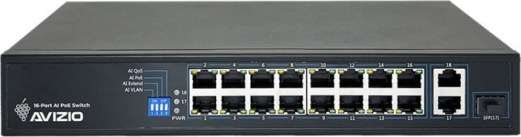 AVIZIO Switch 16x RJ45 PoE 100Mb/s + 2x RJ45 Uplink 1Gb/s komutators