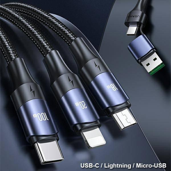 Kabel USB Usams USB-A - USB-C + microUSB + Lightning 1 m Czarno-niebieski (6958444971780) 6958444971780 (6958444971780) USB kabelis