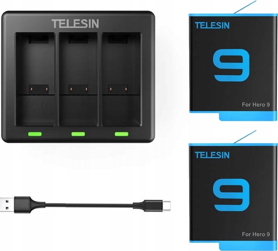 Telesin Charger + 2x Rechargeable Battery For Gopro Hero 9 Sporta kameru aksesuāri