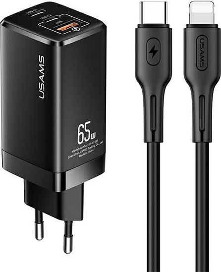 USAMS T33 GaN 65W Mini Fast Charger + SJ406 U43 C to L Cable Black iekārtas lādētājs