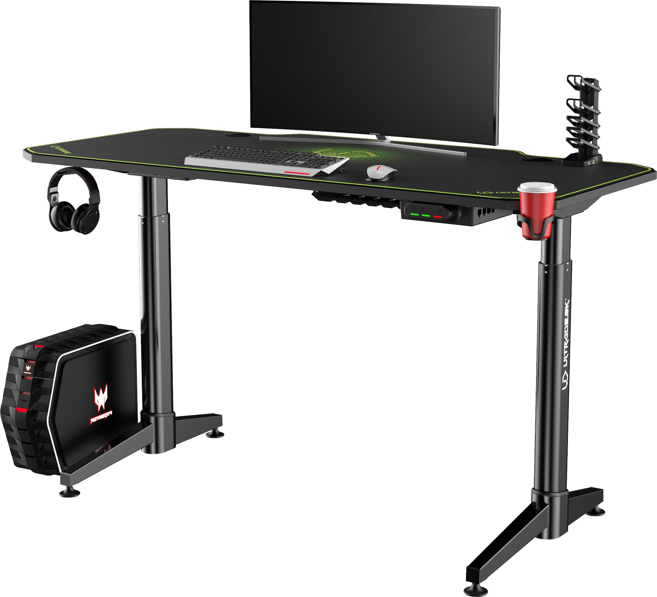 Biurko Ultradesk ULTRADESK Biurko dla gracza LEVEL V2 GREEN, 140x68cm, 72-117cm, elektycznie regulowany, z podkladka pod mysz XXL, uchwyt na