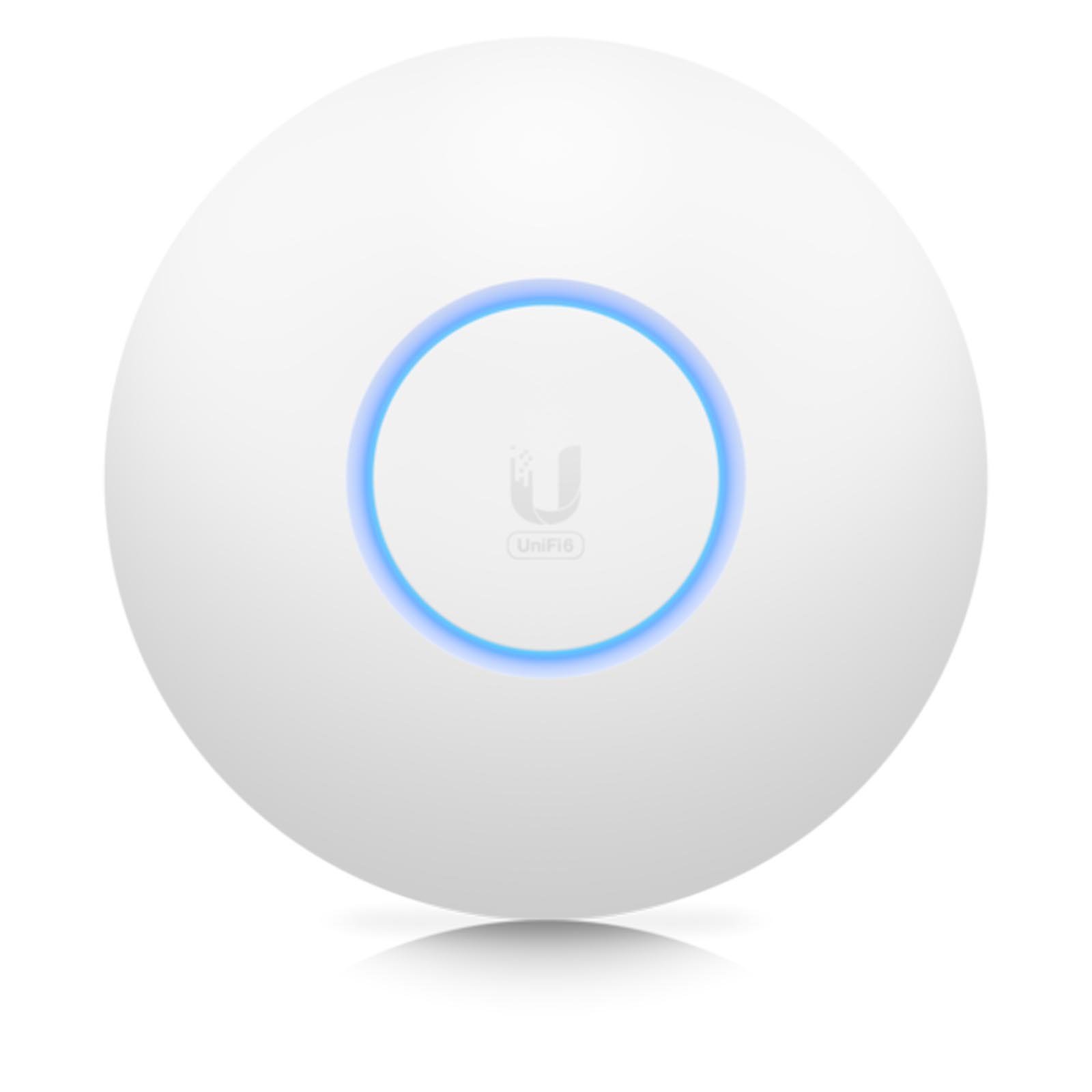 Ubiquiti U6+ access point. WiFi 6 model with throughput rate of 573.5 Mbps at 2.4 GHz and 2402 Mbps at 5 GHz. No POE injector included. UI r Access point